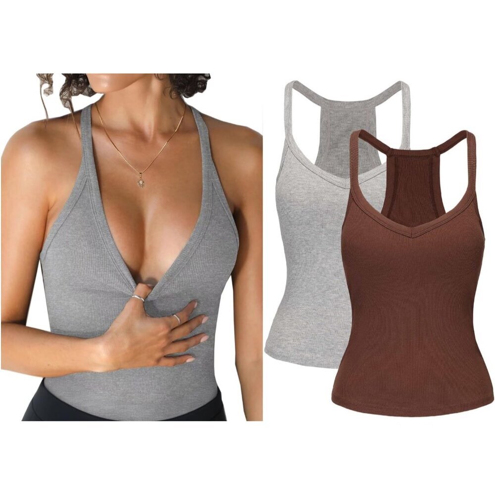 2 Pack Women's V Neck Tank Tops Built-In Bras Ribbed Sleeveless Gym Wear